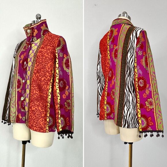 Azuleros NWT French Boho Jacquard Knit Jacket M Mix Print Flora Zebra Statement - Picture 2 of 16